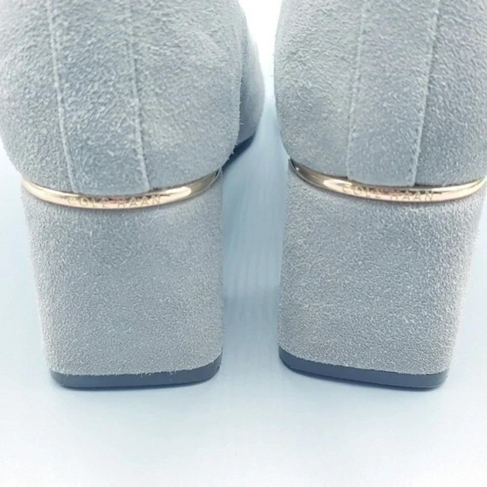 Cole Haan Suede Sock Ankle Boots Grey Block Heel Gold Detail  WMS7.5B